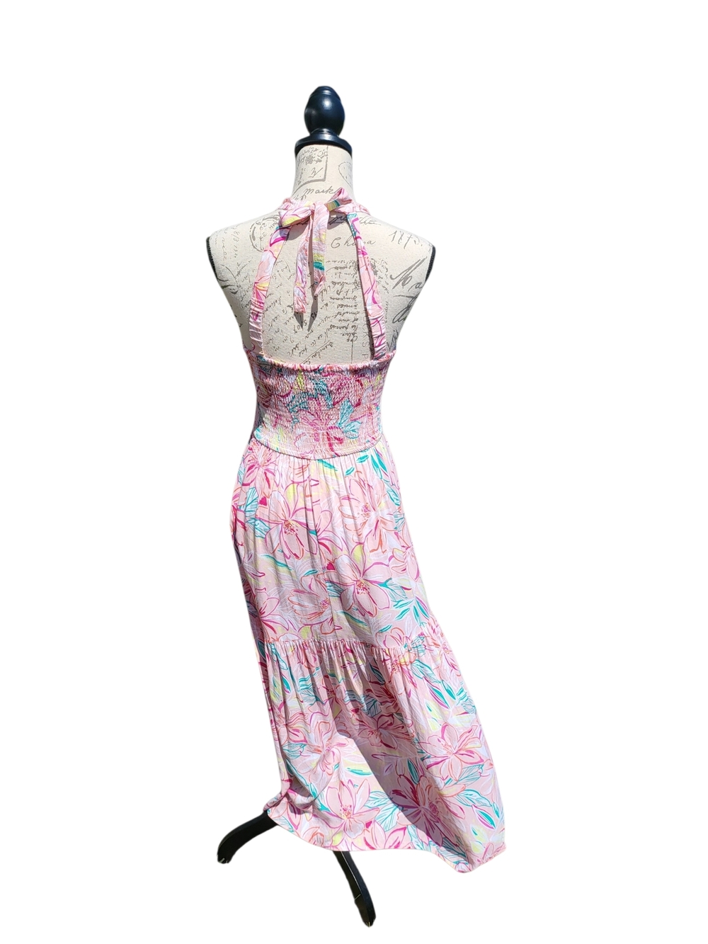 Jessica Simpson Pink Floral Halter Maxi Dress Smocked Bodice Medium - Picture 3 of 6